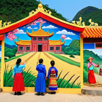 **A vibrant mural in Haengju Village, Goyang. The artwork depicts a traditional Vietnamese folktale scene with bright, eye-catching colors. Local villagers are interacting with the art, taking photos and enjoying the atmosphere.**