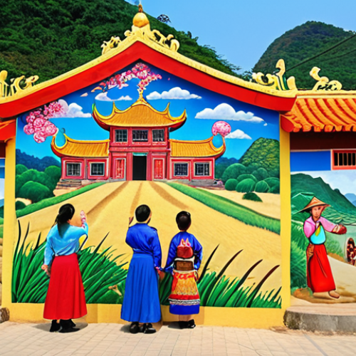 Home 4 **A vibrant mural in Haengju Village, Goyang. The artwork depicts a traditional Vietnamese folktale scene with bright, eye-catching colors. Local villagers are interacting with the art, taking photos and enjoying the atmosphere.**