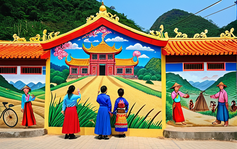 **A vibrant mural in Haengju Village, Goyang. The artwork depicts a traditional Vietnamese folktale scene with bright, eye-catching colors. Local villagers are interacting with the art, taking photos and enjoying the atmosphere.**