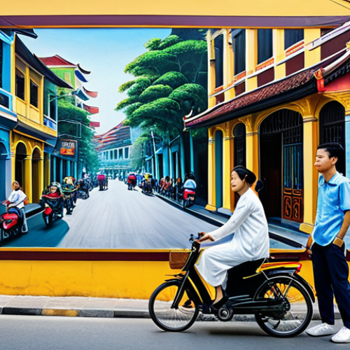 Home 11 Hanoi Mural Scene**
"A vibrant mural depicting Hanoi's historical Phung Hung street scene, showcasing traditional Vietnamese architecture and daily life, fully clothed pedestrians in ao dai, appropriate attire, safe for work, perfect anatomy, natural proportions, family-friendly, professional photography, high quality, clear details, bright daylight."
**
