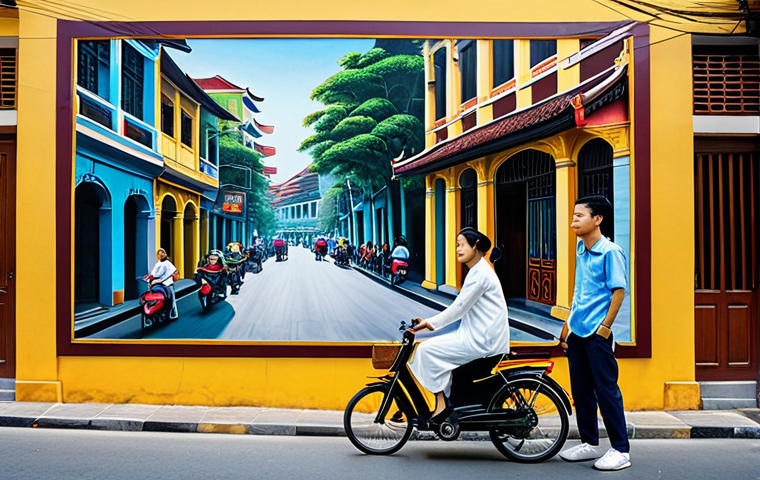 Hanoi Mural Scene**
"A vibrant mural depicting Hanoi's historical Phung Hung street scene, showcasing traditional Vietnamese architecture and daily life, fully clothed pedestrians in ao dai, appropriate attire, safe for work, perfect anatomy, natural proportions, family-friendly, professional photography, high quality, clear details, bright daylight."
**
